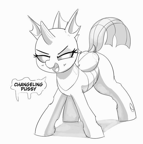 Size: 2038x2048 | Tagged: suggestive, artist:pabbley, derpibooru import, changeling, black and white, dialogue, female, grayscale, horse pussy, image, jpeg, looking at you, monochrome, narrowed eyes, open mouth, simple background, solo, talking to viewer, white background