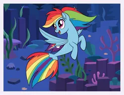 Size: 1816x1391 | Tagged: safe, artist:mariana10990, derpibooru import, rainbow dash, pegasus, pony, seapony (g4), g4, bubble, budge studios, coral, dorsal fin, female, fin, fin wings, fins, flowing mane, flowing tail, image, jpeg, mare, multicolored mane, multicolored tail, my little pony color by magic, ocean, open mouth, open smile, pink eyes, rock, scales, seaponified, seapony rainbow dash, seaquestria, seaweed, smiling, solo, species swap, spread wings, swimming, tail, underwater, water, wings