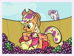 Size: 1782x1361 | Tagged: safe, artist:mariana10990, derpibooru import, apple bloom, applejack, sweetie belle, earth pony, pony, unicorn, g4, sisterhooves social, adorabloom, bow, budge studios, cute, eyes closed, female, filly, foal, food, freckles, grape juice, grape stomping, grapes, hair bow, horn, image, jpeg, juice, mare, messy, my little pony color by magic, open mouth, raised hoof, siblings, sisters, smiling