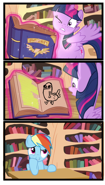 Size: 1995x3485 | Tagged: safe, artist:trrrebleee, derpibooru import, edit, edited screencap, screencap, rainbow dash, twilight sparkle, twilight sparkle (alicorn), alicorn, pegasus, pony, g4, testing testing 1-2-3, book, comic, dickbutt, female, golden oaks library, image, library, mare, meme, png, screencap comic