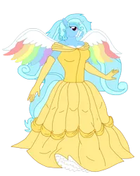 Size: 1280x1608 | Tagged: safe, artist:mlp-headstrong, derpibooru import, oc, oc:jemimasparkle, anthro, pony, anthro oc, belly, breasts, clothes, colored wings, dress, evening gloves, female, gloves, gown, image, long gloves, mare, multicolored wings, png, rainbow wings, smiling, solo, wings