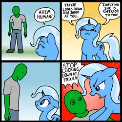 Size: 2000x2002 | Tagged: safe, derpibooru import, trixie, oc, oc:anon, ponified, human, pony, unicorn, g4, 4 panel comic, :3, abstract background, angry, colored, comic, dialogue, drawthread, duo, duo male and female, female, gradient background, height difference, horn, image, looking at each other, looking at someone, looking down, male, mare, png, ponified comic, requested art, smug, swirly eyes, third person, yelling