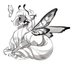 Size: 3743x3268 | Tagged: safe, artist:opalacorn, derpibooru import, oc, unofficial characters only, butterfly, butterfly pony, hybrid, insect, pony, butt, female, grayscale, image, jpeg, mare, monochrome, plot, simple background, smiling, solo, white background