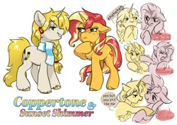 Size: 3300x2323 | Tagged: safe, artist:opalacorn, derpibooru import, sunset shimmer, oc, oc:coppertone, pony, unicorn, g4, clothes, commission, duo, duo female, female, floppy ears, hoof on chin, horn, image, jpeg, mare, scarf, simple background, striped scarf, white background