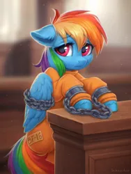 Size: 1500x2000 | Tagged: safe, artist:scheadar, derpibooru import, rainbow dash, bound wings, chained, chains, clothes, commissioner:rainbowdash69, courtroom, cuffs, image, jpeg, jumpsuit, never doubt rainbowdash69's involvement, prison jumpsuit, prison outfit, prisoner, prisoner rd, sad, shackles, wings
