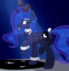 Size: 2480x2564 | Tagged: safe, artist:rayelli, derpibooru import, princess luna, alicorn, pony, g4, bedroom eyes, blushing, bowtie, bunny ears, bunny suit, butt, chest fluff, clothes, cute, derpibooru exclusive, dock, ear piercing, earring, female, image, jewelry, mare, piercing, plot, png, sexy, smiling, socks, stage, standing on two hooves, stockings, tail, thigh highs, tongue out