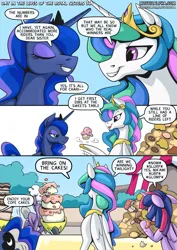 Size: 2171x3070 | Tagged: safe, artist:mysticalpha, derpibooru import, princess celestia, princess luna, twilight sparkle, twilight sparkle (alicorn), alicorn, pony, comic:day in the lives of the royal sisters, are you winning son, are you winning son?, cake, cakelestia, comic, cupcake, food, image, png