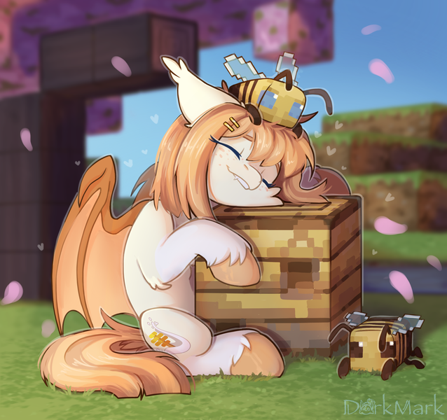 Size: 2142x2015 | Tagged: safe, artist:dorkmark, derpibooru import, oc, oc:honey milk, unofficial characters only, bat pony, bee, insect, pony, cute, fangs, female, image, mare, minecraft, minecraft bee, png, solo