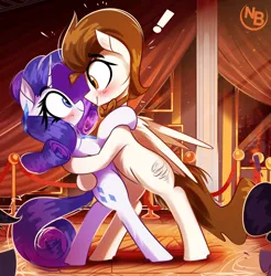 Size: 3632x3686 | Tagged: safe, artist:nevobaster, derpibooru import, rarity, oc, oc:rml, pegasus, pony, unicorn, g4, blushing, bowtie, clothes, dancing, duo, duo male and female, female, high res, horn, image, jewelry, looking at each other, looking at someone, male, mare, pegasus oc, png, smiling, snow, stallion, wings, winter