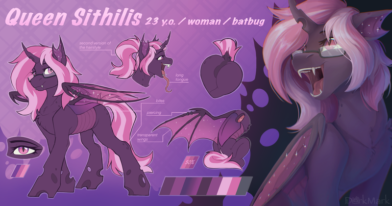 Size: 5715x3000 | Tagged: safe, artist:dorkmark, derpibooru import, oc, bat pony, changeling, changeling queen, hybrid, bugbutt, butt, changeling oc, fangs, female, hybrid oc, image, looking at you, maw, pink changeling, png, reference sheet