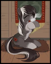 Size: 1879x2369 | Tagged: safe, artist:marbo, derpibooru import, oc, oc:pine ponder, pony, taiga pony, cup, drink, drinking, eyes closed, image, indoors, png, sitting, solo