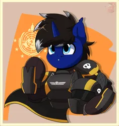 Size: 2733x2897 | Tagged: safe, artist:joaothejohn, derpibooru import, oc, oc:night reader, unofficial characters only, bat pony, pegasus, pony, semi-anthro, armor, bat pony oc, bat wings, cape, clothes, commission, ear fluff, earth, fanart, fangs, flag, game, helldivers 2, helmet, horn, image, looking up, male, multicolored hair, passepartout, pegasus oc, png, propaganda, salute, science fiction, skull, smiling, solo, wings, ych example, your character here