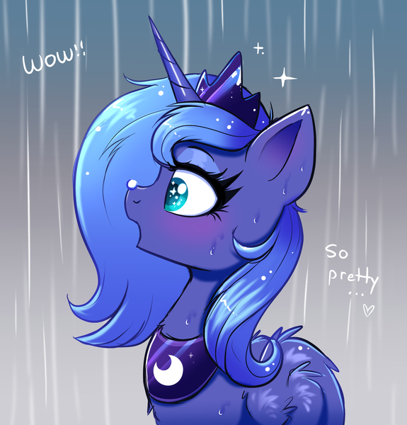 Size: 1952x2036 | Tagged: safe, artist:confetticakez, derpibooru import, princess luna, alicorn, pony, g4, blushing, bust, crown, cute, dialogue, female, filly, horn, image, jewelry, lunabetes, mare, open mouth, peytral, png, ponies balancing stuff on their nose, portrait, profile, rain, rain drops, regalia, s1 luna, solo, sparkly eyes, wet, wingding eyes, woona, younger