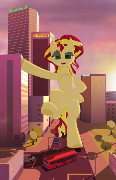 Size: 4000x6162 | Tagged: safe, artist:just rusya, derpibooru import, sunset shimmer, semi-anthro, unicorn, g4, absurd resolution, bipedal, car, chest fluff, city, crushing, eyebrows, fangs, featureless crotch, female, frog (hoof), horn, image, leaning, looking down, macro, open mouth, png, raised eyebrow, raised hoof, raised leg, skyscraper, smiling, solo, standing, standing on one leg, stomping, street, sunset, underhoof