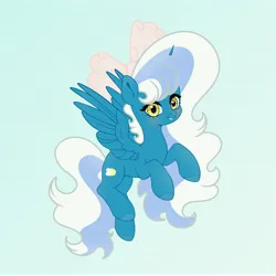 Size: 6890x6890 | Tagged: safe, artist:riofluttershy, derpibooru import, oc, oc:fleurbelle, unofficial characters only, alicorn, pony, alicorn oc, blue background, blushing, bow, female, flying, hair bow, horn, image, jpeg, mare, pink bow, simple background, smiling, solo, tail, two toned tail, wings, yellow eyes