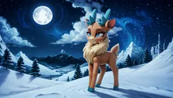Size: 2560x1456 | Tagged: prompter needed, safe, ai content, derpibooru import, machine learning generated, velvet reindeer, deer, them's fightin' herds, g1, bright night(weather), castle, cloud, community related, doe, female, full moon, image, jpeg, moon, moonlight, mountain, night, night sky, outdoors, road, sky, snow, snowfield, solo, spruce tree, stars, tree, winter