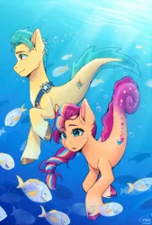 Size: 1378x2039 | Tagged: safe, artist:xiaowu07, derpibooru import, hitch trailblazer, sunny starscout, earth pony, fish, pony, seapony (g4), g5, beautiful, bubble, crepuscular rays, dorsal fin, duo, duo male and female, eyebrows, eyebrows visible through hair, female, fin, fish tail, flowing mane, flowing tail, image, jpeg, looking at something, looking down, male, mane stripe sunny, mare, ocean, open mouth, seaponified, seapony hitch trailblazer, seapony sunny starscout, sheriff's badge, smiling, species swap, stallion, sunlight, swimming, tail, underwater, unshorn fetlocks, water