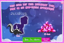 Size: 2021x1367 | Tagged: safe, derpibooru import, official, earth pony, pony, skunk, g4, advertisement, ambiguous gender, animal, costs real money, cute, english, gameloft, gem, image, introduction card, jpeg, mobile game, numbers, pet, sale, silhouette, text