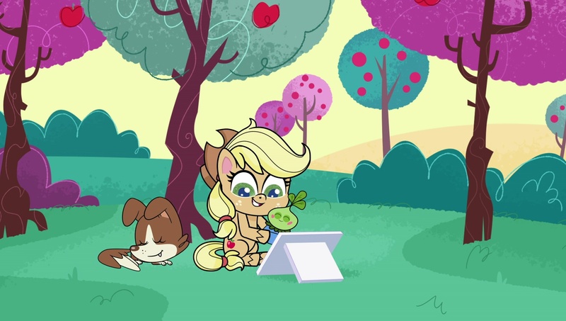 Size: 1920x1088 | Tagged: safe, derpibooru import, screencap, applejack, winona, dog, earth pony, pony, g4, my little pony: pony life, apple, apple tree, bush, food, hawthorne the third, image, jpeg, sitting, tablet, terrorarium, tree