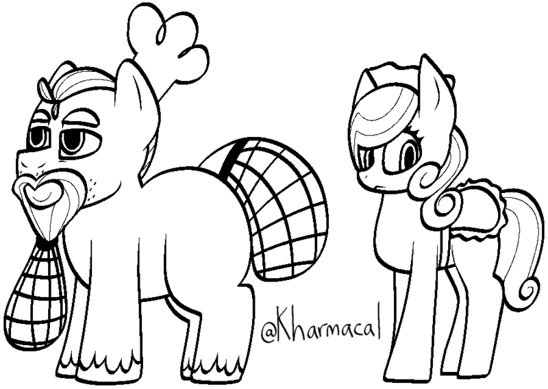 Size: 900x639 | Tagged: safe, artist:kharmacal, derpibooru import, oc, oc:grease wrapper, oc:prim feather, unofficial characters only, earth pony, chef's hat, clothes, duo, hair net, hat, image, lineart, maid, monochrome, png, simple background, white background