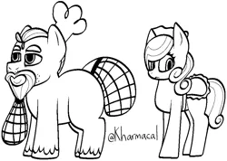 Size: 900x639 | Tagged: safe, artist:kharmacal, derpibooru import, oc, oc:grease wrapper, oc:prim feather, unofficial characters only, earth pony, chef's hat, clothes, duo, hair net, hat, image, lineart, maid, monochrome, png, simple background, white background