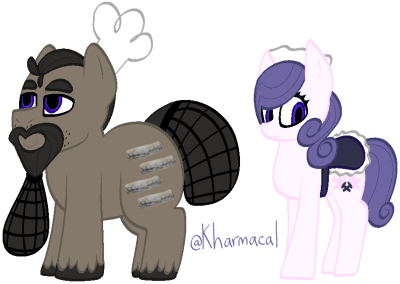 Size: 900x639 | Tagged: safe, artist:kharmacal, derpibooru import, oc, oc:grease wrapper, oc:prim feather, unofficial characters only, earth pony, chef's hat, colored lineart, duo, hair net, hat, image, maid pony, png, simple background, transparent background