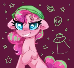 Size: 2276x2070 | Tagged: safe, artist:confetticakez, derpibooru import, pinkie pie, earth pony, pony, g4, alternate accessories, alternate design, alternate hairstyle, alternate mane color, big eyes, blue pupils, colored pupils, curly mane, curly tail, eye clipping through hair, eyebrows, eyebrows visible through hair, female, freckles, halfbody, hat, high res, image, lidded eyes, mare, pink coat, pink mane, pink tail, png, raised hoof, simple background, smiling, solo, sparkly mane, sparkly tail, stars, tail, two toned mane, two toned tail, wingding eyes