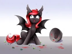 Size: 4000x3000 | Tagged: safe, artist:confetticakez, derpibooru import, oc, oc:strawberry stylus, unofficial characters only, bat pony, pony, bat pony oc, bat wings, bowl, chest fluff, derp, ear fluff, ear tufts, eye clipping through hair, eyebrows, eyebrows visible through hair, eyelashes, fangs, female, food, gray coat, image, mare, mare oc, messy eating, open mouth, patreon, patreon reward, png, red mane, red tail, shiny mane, shiny tail, sitting, solo, spread wings, strawberry, tail, tongue out, two toned mane, two toned tail, wide eyes, wings