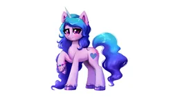 Size: 3840x2160 | Tagged: safe, artist:confetticakez, derpibooru import, izzy moonbow, pony, unicorn, g5, my little pony: a new generation, blushing, bracelet, chest fluff, cute, ear fluff, eyebrows, eyebrows visible through hair, eyelashes, female, high res, hoof fluff, horn, image, izzybetes, jewelry, looking at you, mare, png, raised hoof, simple background, smiling, smiling at you, solo, tail, unshorn fetlocks, white background