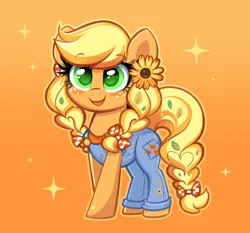 Size: 2164x2016 | Tagged: safe, artist:confetticakez, derpibooru import, applejack, earth pony, pony, g4, bow, braid, braided tail, clothes, cute, female, flower, flower in hair, freckles, hair bow, high res, image, jackabetes, mare, open mouth, open smile, png, smiling, solo, sparkles, sunflower, tail, tail bow