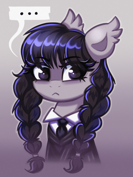 Size: 1025x1362 | Tagged: safe, artist:confetticakez, derpibooru import, ponified, earth pony, pony, ..., braid, braided ponytail, clothes, eyebrows, eyebrows visible through hair, female, gradient background, image, mare, necktie, not octavia, png, ponytail, solo, speech bubble, suit, uniform, wednesday addams