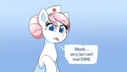 Size: 7680x4320 | Tagged: safe, artist:confetticakez, derpibooru import, nurse redheart, earth pony, pony, g4, absurd resolution, dialogue, eyebrows, eyebrows visible through hair, female, gradient background, image, looking at you, mare, nurse, open mouth, png, solo, speech bubble