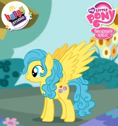 Size: 380x405 | Tagged: safe, artist:lordprevious, artist:user15432, derpibooru import, screencap, oc, oc:candy love, unofficial characters only, pegasus, pony, g4, blue mane, blue tail, female, flower, game screencap, generation leap, image, mare, mcdonald's, mcdonald's happy studios, my little pony logo, my little pony: friendship is magic logo, pegasus maker, png, smiling, solo, tail, yellow coat