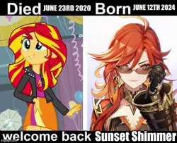 Size: 617x500 | Tagged: safe, derpibooru import, edit, edited screencap, screencap, sunset shimmer, human, equestria girls, g4, breasts, cleavage, clothes, genshin impact, gloves, image, jpeg, mavuika (genshin impact), sunglasses