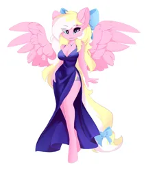 Size: 3565x4191 | Tagged: safe, artist:shooshaa, derpibooru import, oc, oc:bay breeze, unofficial characters only, anthro, pegasus, pony, unguligrade anthro, bow, clothes, cute, dress, female, hair bow, heart, heart eyes, image, jewelry, jpeg, looking at you, mare, necklace, pegasus oc, simple background, tail, tail bow, white background, wingding eyes, wings