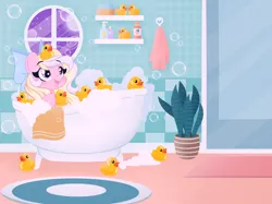Size: 2622x1959 | Tagged: safe, alternate version, artist:emberslament, derpibooru import, oc, oc:bay breeze, unofficial characters only, bath, bathroom, bathtub, blushing, bow, bubble, cute, derpibooru exclusive, hair bow, happy, heart, heart eyes, image, looking up, open mouth, png, rubber duck, solo, wingding eyes
