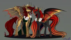 Size: 4500x2560 | Tagged: safe, artist:martazap3, derpibooru import, oc, oc:fironyx, oc:skarlett, unofficial characters only, alicorn, dracony, dragon, hybrid, pony, alicorn oc, crown, duo, duo male and female, female, flower, horn, image, jewelry, jpeg, male, mare, regalia, rose, royal, simple background, spread wings, wings