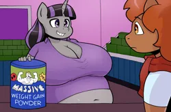 Size: 1832x1200 | Tagged: suggestive, artist:ahobobo, derpibooru import, oc, oc:magna-save, oc:winterlight, unofficial characters only, anthro, pegasus, pony, unicorn, g4, anthro oc, belly, belly button, big belly, big breasts, breasts, clothes, crossover, female, grin, horn, huge breasts, image, male, mare, parody, png, shirt, simpsons did it, smiling, stallion, store, t-shirt, the simpsons, weight gain