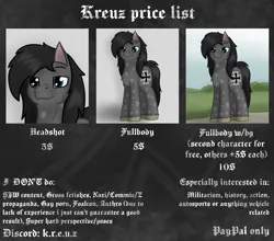 Size: 2560x2250 | Tagged: safe, artist:kreuz, derpibooru import, oc, oc:manfred, earth pony, pony, advertisement, chest fluff, commission open, earth pony oc, gothic, image, iron cross, male, png, price list, price sheet, price tag, prices, smiling, stallion, standing