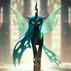 Size: 2880x2880 | Tagged: safe, ai content, derpibooru import, machine learning generated, prompter:derp621, stable diffusion, queen chrysalis, blurry background, cat eyes, fangs, front view, generator:pony diffusion v6 xl, image, jpeg, looking at you, prompt in description, slit eyes, slit pupils, spread wings, wings