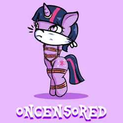 Size: 894x894 | Tagged: suggestive, artist:oncensored, derpibooru import, part of a set, twilight sparkle, semi-anthro, arm behind back, bipedal, bondage, bound and gagged, bound ankles, cloth gag, crotch rope, cute, damsel in distress, fetish, gag, horn, horn ring, image, jewelry, jpeg, looking offscreen, magic suppression, over the nose gag, ring, rope, rope bondage, shadow, simple background, standing, tied up