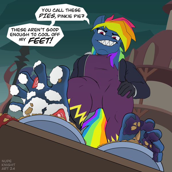 Size: 4109x4109 | Tagged: questionable, artist:nudeknightart, ponerpics import, rainbow dash, anthro, plantigrade anthro, secrets and pies, breasts, clothes, costume, dialogue, evil pie hater dash, feet, female, food, foodplay, foot focus, gloves, image, pie, png, shadow, shadowbolts costume