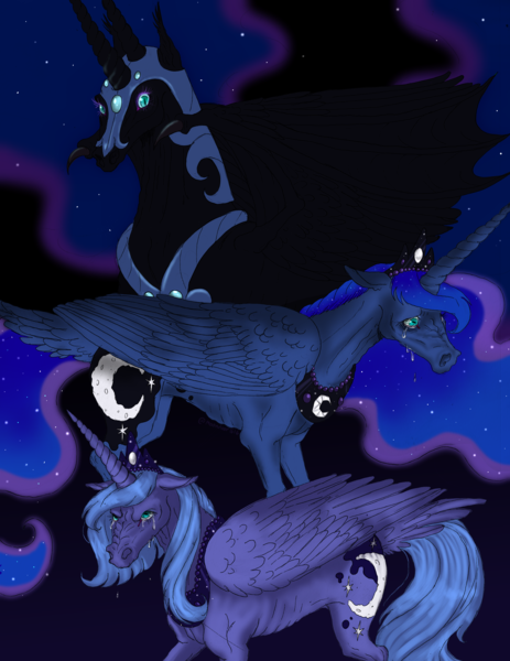 Size: 2732x3538 | Tagged: safe, artist:moondeer1616, derpibooru import, nightmare moon, princess luna, alicorn, pony, g4, angry, black background, concave belly, crying, dark background, emaciated, ethereal mane, female, floppy ears, glow, glowing eyes, hoers, image, jewelry, mare, png, realistic, realistic anatomy, regalia, ribs, s1 luna, sad, simple background, skinny, thin, trio, trio female