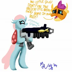 Size: 2048x2048 | Tagged: safe, artist:mlphero, derpibooru import, ocellus, smolder, changeling, dragon, bipedal, bolter, descriptive noise, female, gun, image, jpeg, lesbian, ship:smolcellus, shipping, this will end in pain, warhammer (game), warhammer 40k, weapon