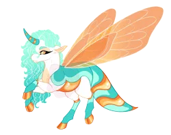 Size: 4300x3400 | Tagged: safe, artist:gigason, derpibooru import, oc, oc:honey daze, unofficial characters only, changepony, hybrid, blue mane, carapace, cloven hooves, coat markings, colored belly, colored eyebrows, colored hooves, colored horn, colored pinnae, colored wings, commission, curved horn, dragonfly wings, ear fluff, eye markings, fangs, gold hooves, gradient mane, high res, hooves, horn, image, insect wings, interspecies offspring, lidded eyes, long eyelashes, long mane, long mane male, long tail, looking back, male, multicolored tail, offspring, orange wings, parent:oc:karner, parent:princess celestia, parents:canon x oc, png, profile, raised hoof, raised hooves, raised leg, rearing, shiny hooves, simple background, socks (coat marking), solo, sparkly mane, spread wings, stinger, striped horn, tail, thin legs, transparent background, transparent wings, two toned ears, watermark, white body, wings