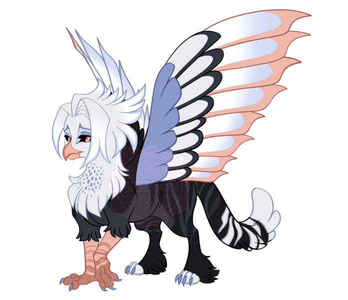 Size: 4300x3700 | Tagged: safe, artist:gigason, derpibooru import, oc, oc:sable, unofficial characters only, gryphon, beak, black sclera, brown eyes, brown pupils, cat tail, chest fluff, chubby, colored claws, colored eyebrows, colored legs, colored paws, colored pupils, colored sclera, colored tail, colored wings, commission, eye clipping through hair, eye markings, facial markings, frown, gray coat, griffon oc, high res, hybrid wings, image, leg fluff, leg stripes, lidded eyes, looking back, magical lesbian spawn, multicolored tail, multicolored wings, nonbinary, nonbinary oc, offspring, parents:oc x oc, png, raised claw, simple background, solo, spots, spread wings, striped, striped tail, stripes, tail, transparent background, two toned hair, watermark, wings, yellow eyes