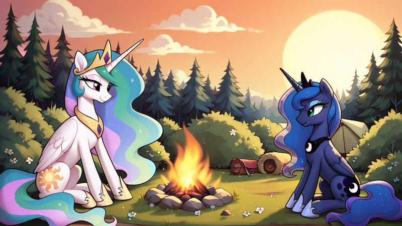 Size: 2560x1440 | Tagged: safe, ai content, derpibooru import, machine learning generated, prompter:infernum, stable diffusion, princess celestia, princess luna, alicorn, pony, g4, bush, campfire, flower, forest, generator:pony diffusion v6 xl, image, nature, png, sun, sunset, tree