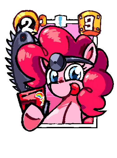 Size: 377x509 | Tagged: safe, artist:randomguy20034, derpibooru import, pinkie pie, earth pony, pony, cupcakes hd, fanfic:cupcakes, g4, card, chainsaw, creepypasta, exe card, female, image, looking at you, mare, pixel-crisp art, png, simple background, smiling, smiling at you, sonic the hedgehog (series), sticker, super mario bros., tongue out, transparent background