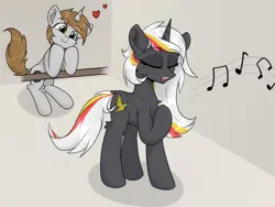 Size: 1124x843 | Tagged: safe, artist:門久, derpibooru import, oc, oc:littlepip, oc:velvet remedy, unofficial characters only, pony, unicorn, fallout equestria, chest fluff, duo, emanata, eyes closed, female, floating heart, heart, hock fluff, image, mare, png, raised hoof, singing