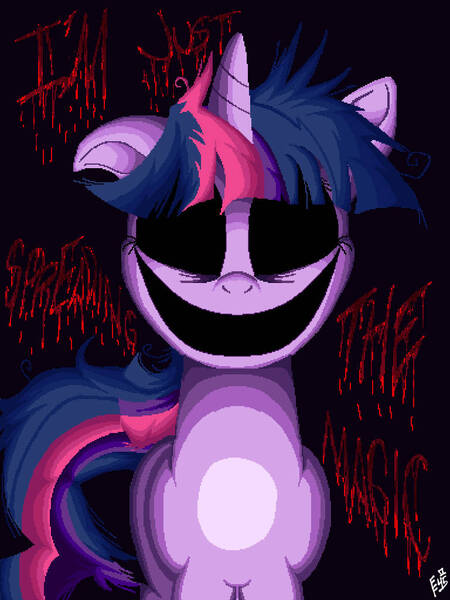 Size: 768x1024 | Tagged: semi-grimdark, artist:fandomartist45, derpibooru import, twilight sparkle, pony, unicorn, g4, blood, creepy, creepy smile, creepypasta, dark eyes, evil grin, evil twilight, female, grin, hi girls, horn, image, jpeg, looking at you, mare, messy mane, messy tail, mlp.snes, no teeth, retake, ruffled hair, smiling, smiling at you, solo, solo female, tail, text, unicorn twilight, wide smile